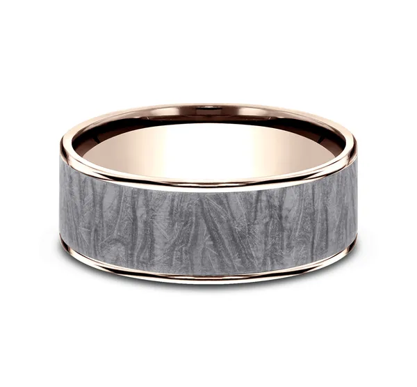 6.5mm Fabric Patterned Mens Band in Two-Tone Grey Tantalum and 14K Rose Gold