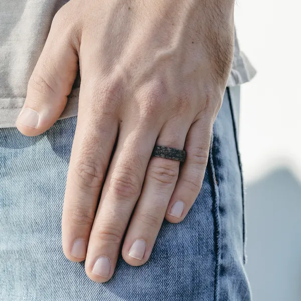 6.5mm Stone Patterned Mens Band in Two-Tone Grey Tantalum and 14K Rose Gold