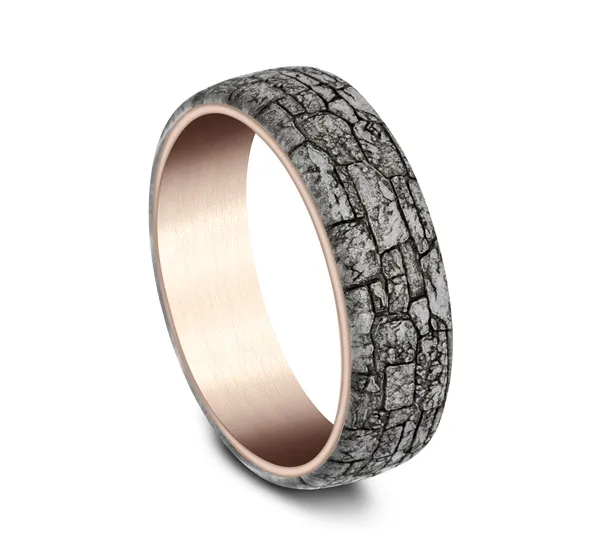 6.5mm Stone Patterned Mens Band in Two-Tone Grey Tantalum and 14K Rose Gold