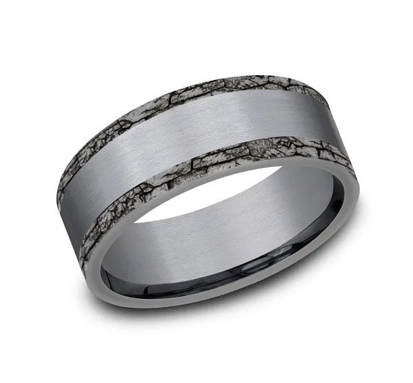 7.0mm Satin Finished Center with Stone Patterned Edge Mens Band in Grey Tantalum 