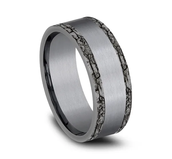 7.0mm Satin Finished Center with Stone Patterned Edge Mens Band in Grey Tantalum 