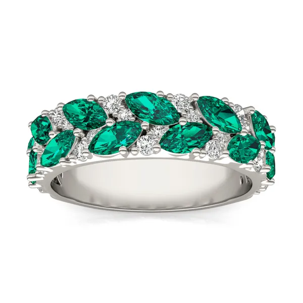 2/5 CTW Round Caydia Lab Grown Diamond Accented Anniversary Ring 14K White Gold featuring Created Emerald