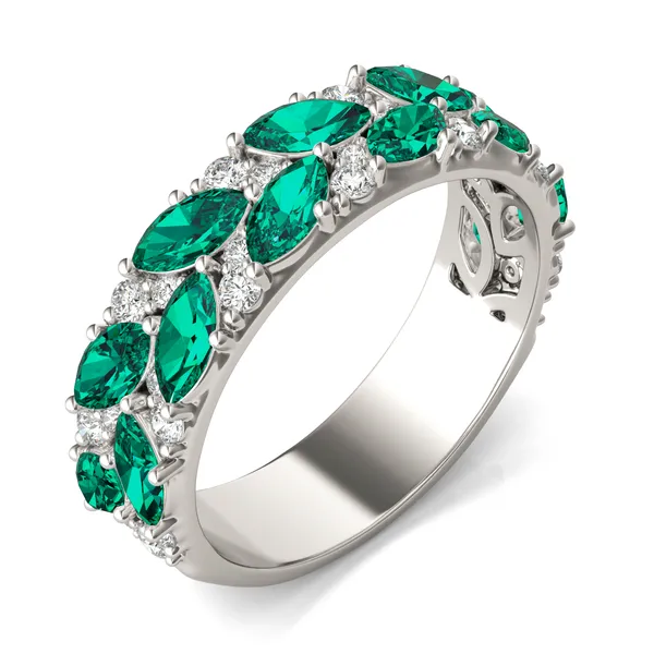 2/5 CTW Round Caydia Lab Grown Diamond Accented Anniversary Ring 14K White Gold featuring Created Emerald