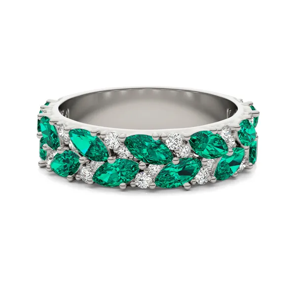2/5 CTW Round Caydia Lab Grown Diamond Accented Anniversary Ring 14K White Gold featuring Created Emerald