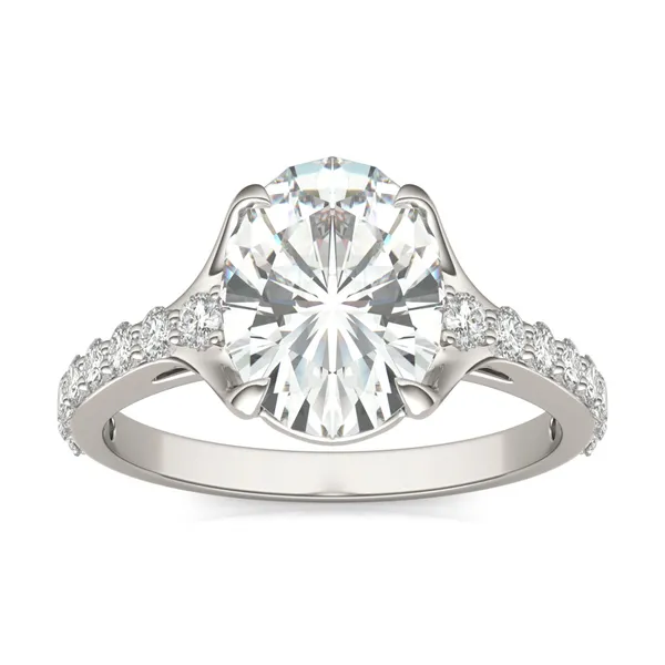 3.01 CTW DEW Elongated Oval Forever One Moissanite Cathedral Solitaire with Side Accents Ring 14K White Gold