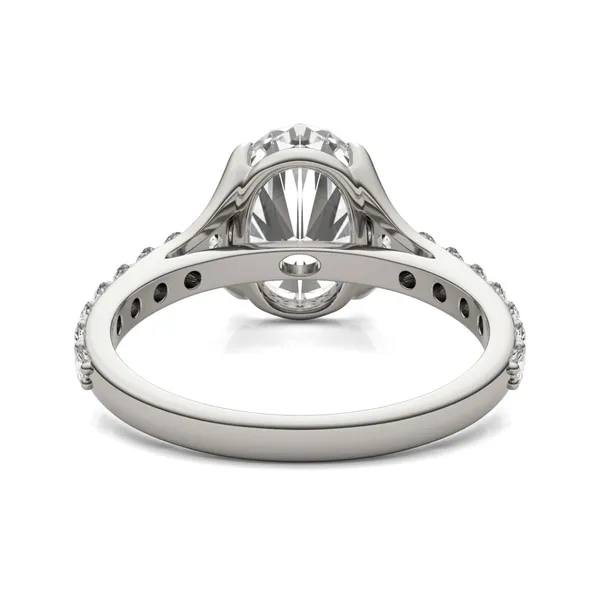 3.01 CTW DEW Elongated Oval Forever One Moissanite Cathedral Solitaire with Side Accents Ring 14K White Gold