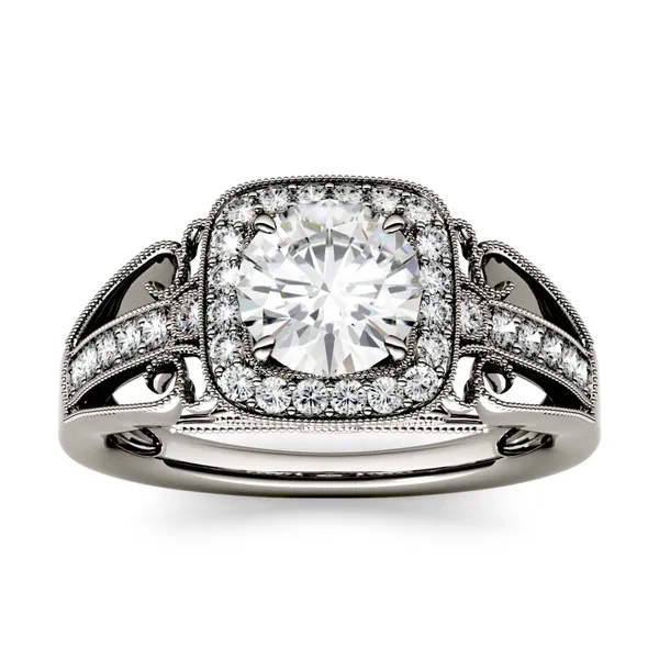 1.28 CTW DEW Round Forever One Moissanite Milgrain Halo with Side Accents Engagement Ring in 14K White Gold