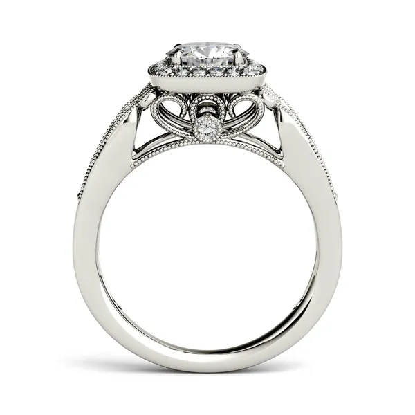 1.28 CTW DEW Round Forever One Moissanite Milgrain Halo with Side Accents Engagement Ring in 14K White Gold