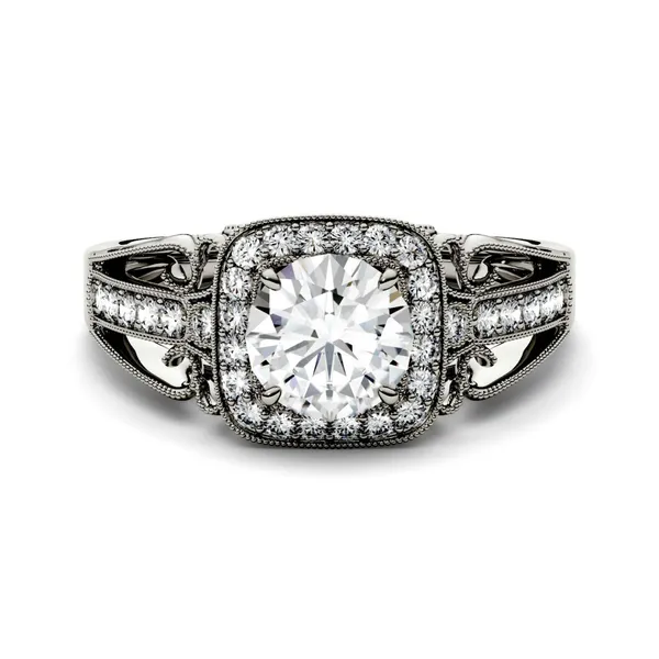 1.28 CTW DEW Round Forever One Moissanite Milgrain Halo with Side Accents Engagement Ring in 14K White Gold