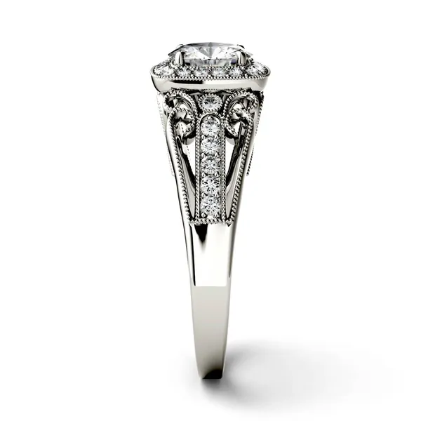 1.28 CTW DEW Round Forever One Moissanite Milgrain Halo with Side Accents Engagement Ring in 14K White Gold