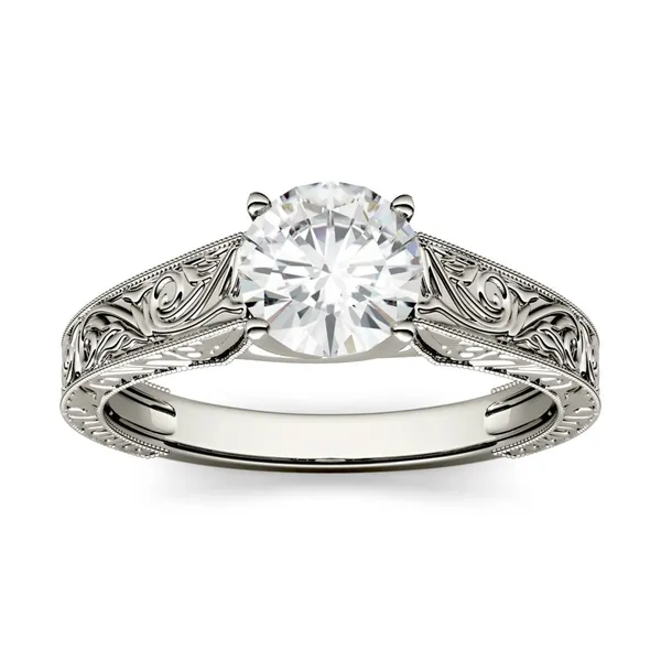 1.00 CTW DEW Round Forever One Moissanite Solitaire with Carved Band Engagement Ring in 14K White Gold