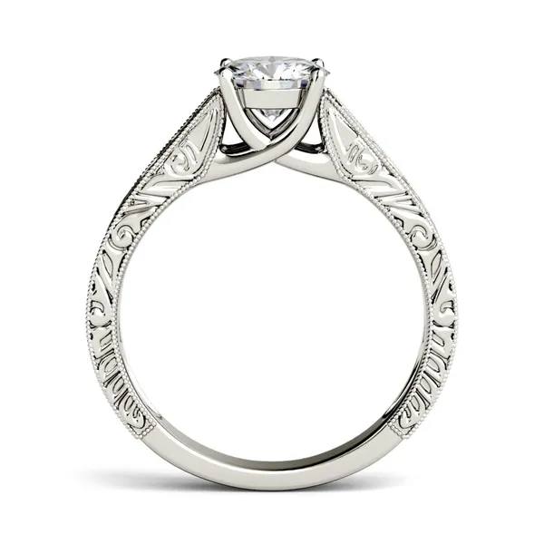 1.00 CTW DEW Round Forever One Moissanite Solitaire with Carved Band Engagement Ring in 14K White Gold