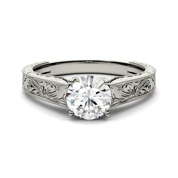 1.00 CTW DEW Round Forever One Moissanite Solitaire with Carved Band Engagement Ring in 14K White Gold