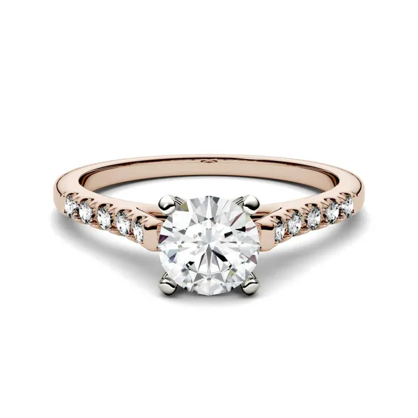 1.65 CTW DEW Round Forever One Moissanite Solitaire with Side Accents Engagement Ring 14K Two-Tone White & Rose Gold
