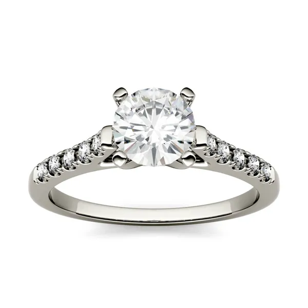 1.65 CTW DEW Round Forever One Moissanite Solitaire with Side Accents Engagement Ring in 14K White Gold