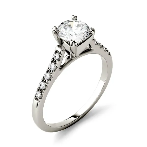 1.65 CTW DEW Round Forever One Moissanite Solitaire with Side Accents Engagement Ring in 14K White Gold