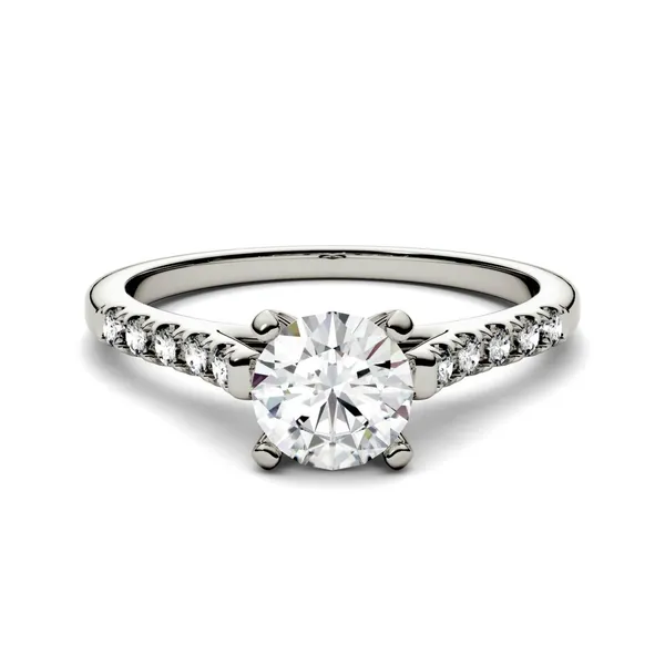 1.65 CTW DEW Round Forever One Moissanite Solitaire with Side Accents Engagement Ring in 14K White Gold