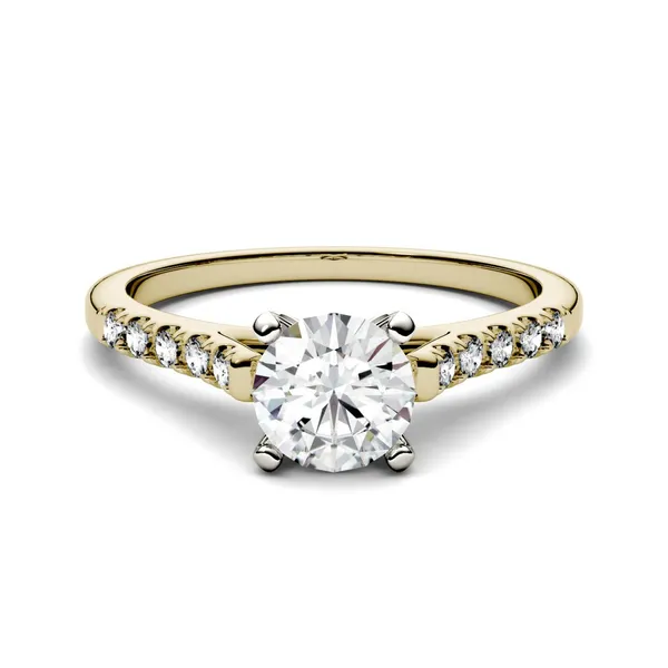 1.65 CTW DEW Round Forever One Moissanite Solitaire with Side Accents Engagement Ring 14K Two-Tone White & Yellow Gold
