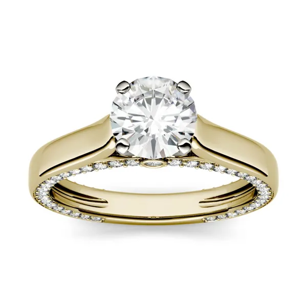 1.53 CTW DEW Round Forever One Moissanite Solitaire with Side Accents Engagement Ring in 14K Yellow Gold