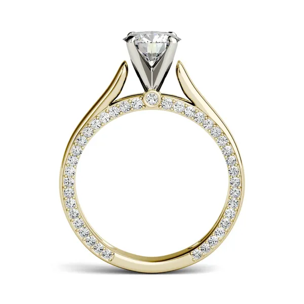 1.53 CTW DEW Round Forever One Moissanite Solitaire with Side Accents Engagement Ring in 14K Yellow Gold