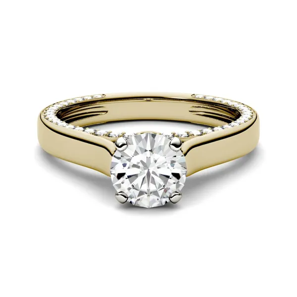 1.53 CTW DEW Round Forever One Moissanite Solitaire with Side Accents Engagement Ring in 14K Yellow Gold