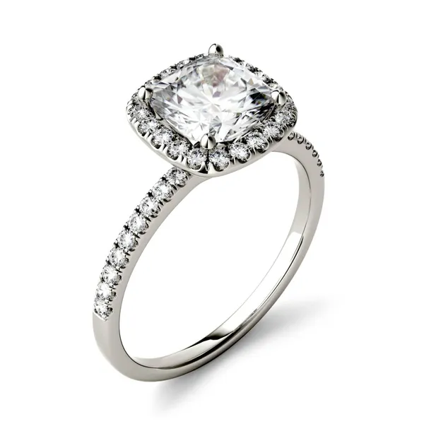 1.60 CTW DEW Cushion Forever One Moissanite Halo with Side Accents Engagement Ring in 14K White Gold