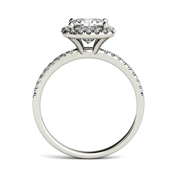1.60 CTW DEW Cushion Forever One Moissanite Halo with Side Accents Engagement Ring in 14K White Gold