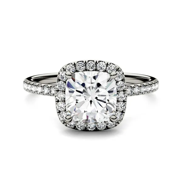 1.60 CTW DEW Cushion Forever One Moissanite Halo with Side Accents Engagement Ring in 14K White Gold