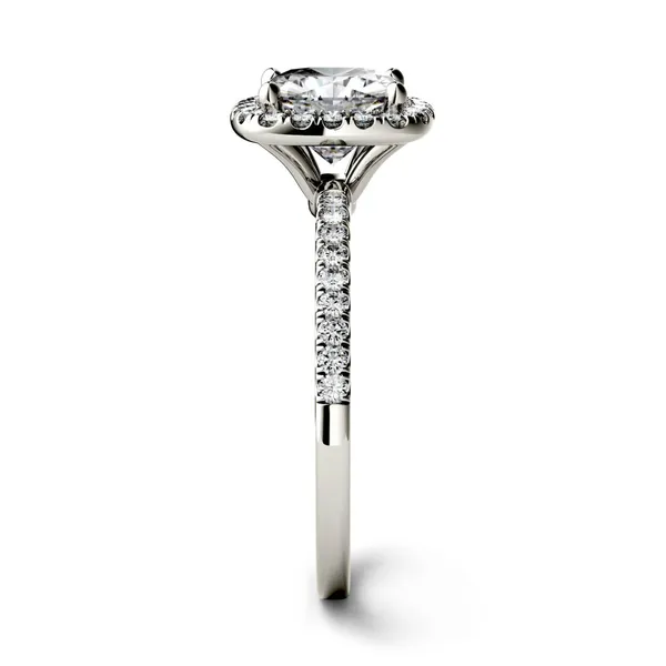 1.60 CTW DEW Cushion Forever One Moissanite Halo with Side Accents Engagement Ring in 14K White Gold