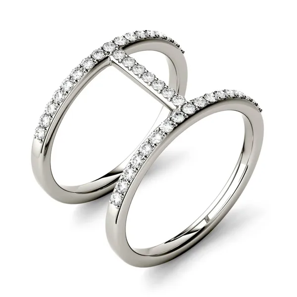 0.41 CTW DEW Round Forever One Moissanite Double Band Geometric Fashion Ring in 14K White Gold