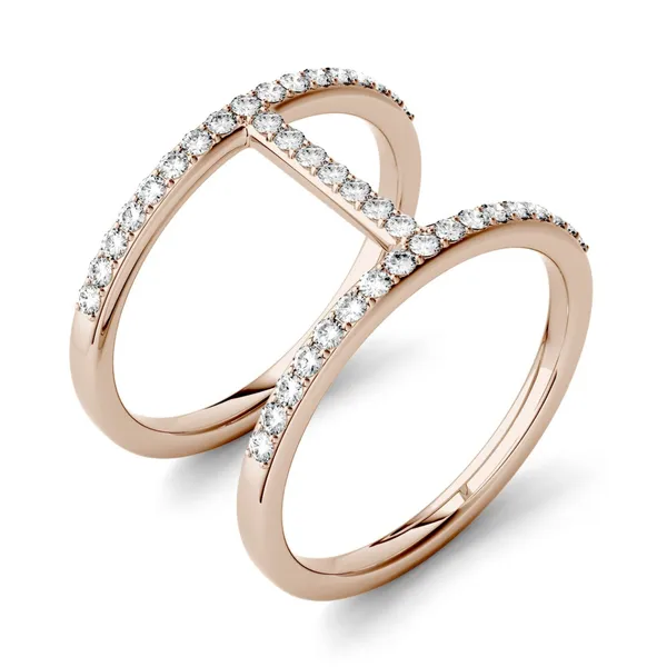0.41 CTW DEW Round Forever One Moissanite Double Band Geometric Fashion Ring in 14K Rose Gold