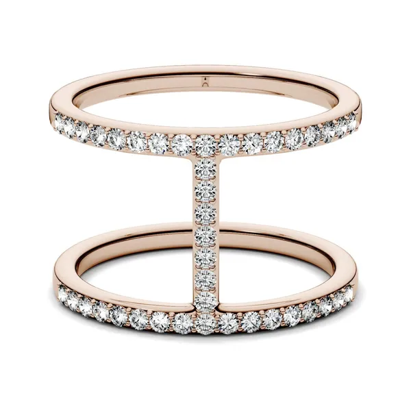 0.41 CTW DEW Round Forever One Moissanite Double Band Geometric Fashion Ring in 14K Rose Gold