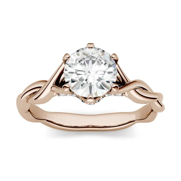 1.11 CTW DEW Round Forever One Moissanite Twisted Band Solitaire with Side Accents Engagement Ring in 14K Rose Gold