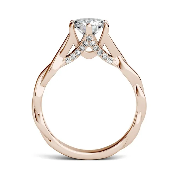 1.11 CTW DEW Round Forever One Moissanite Twisted Band Solitaire with Side Accents Engagement Ring in 14K Rose Gold