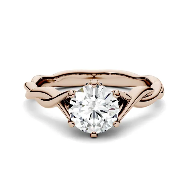 1.11 CTW DEW Round Forever One Moissanite Twisted Band Solitaire with Side Accents Engagement Ring in 14K Rose Gold
