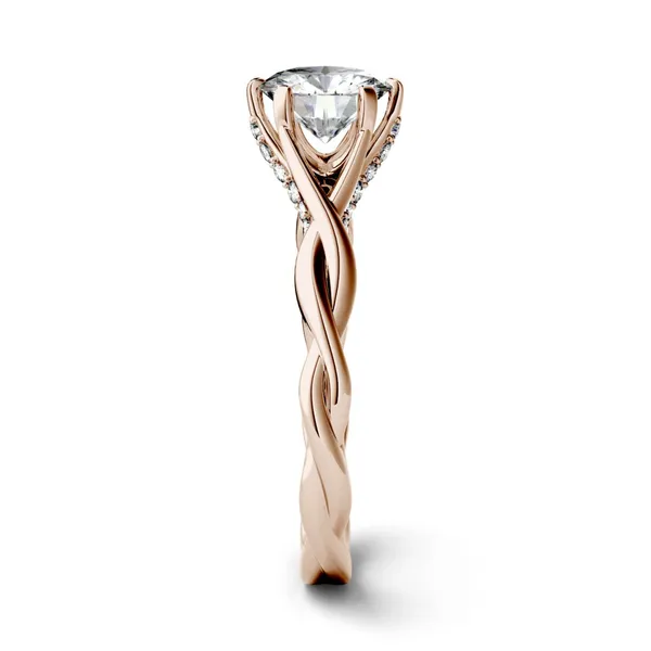 1.11 CTW DEW Round Forever One Moissanite Twisted Band Solitaire with Side Accents Engagement Ring in 14K Rose Gold