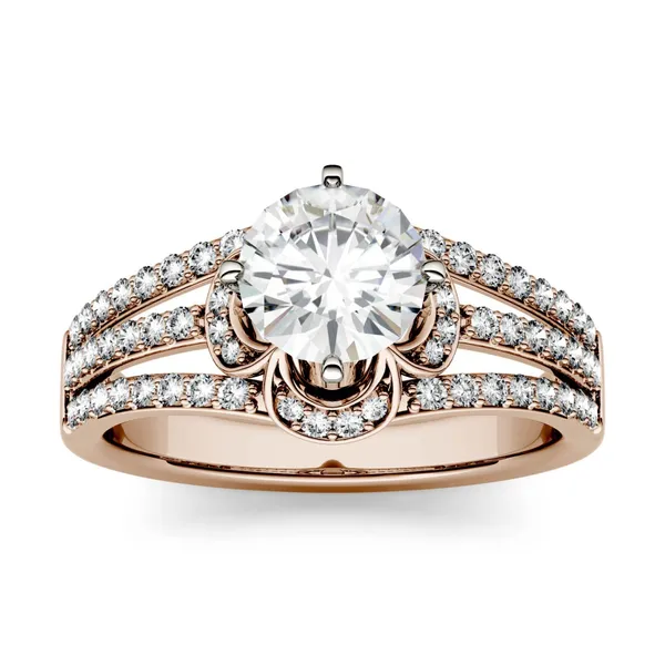 1.58 CTW DEW Round Forever One Moissanite Split Shank Floral Solitaire with Side Accents Engagement Ring in 14K Rose Gold