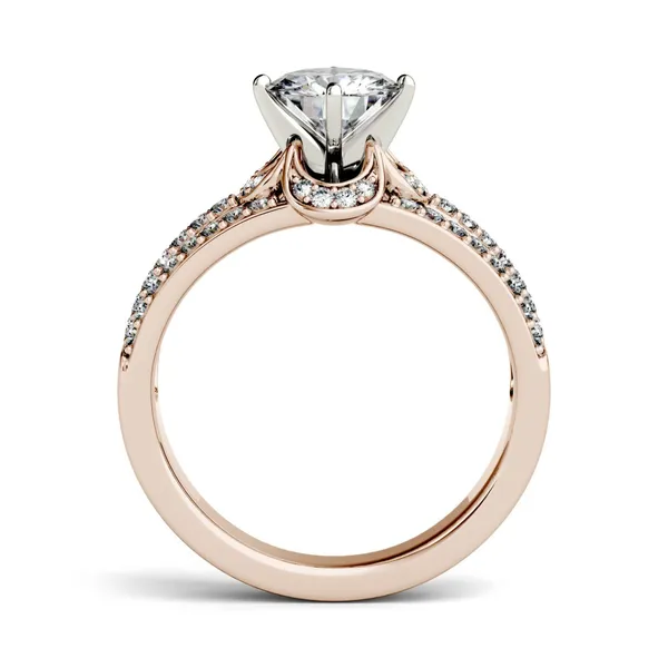 1.58 CTW DEW Round Forever One Moissanite Split Shank Floral Solitaire with Side Accents Engagement Ring in 14K Rose Gold