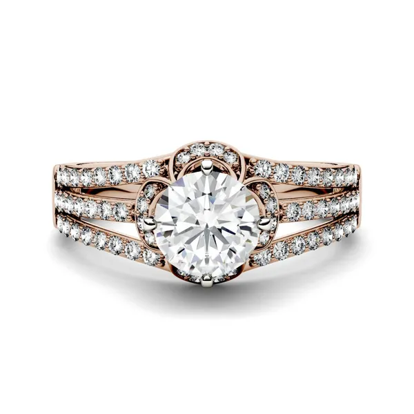 1.58 CTW DEW Round Forever One Moissanite Split Shank Floral Solitaire with Side Accents Engagement Ring in 14K Rose Gold
