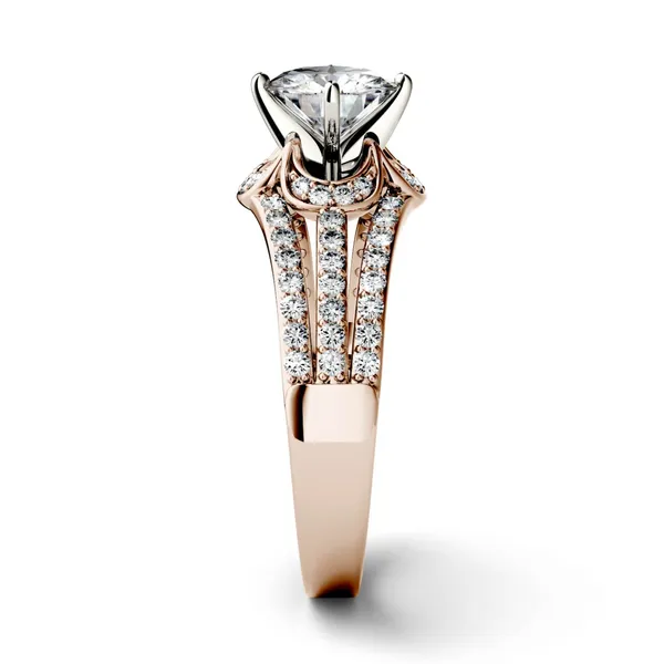 1.58 CTW DEW Round Forever One Moissanite Split Shank Floral Solitaire with Side Accents Engagement Ring in 14K Rose Gold