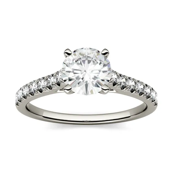 1.82 CTW DEW Round Forever One Moissanite Solitaire with Side Accents Engagement Ring in 14K White Gold