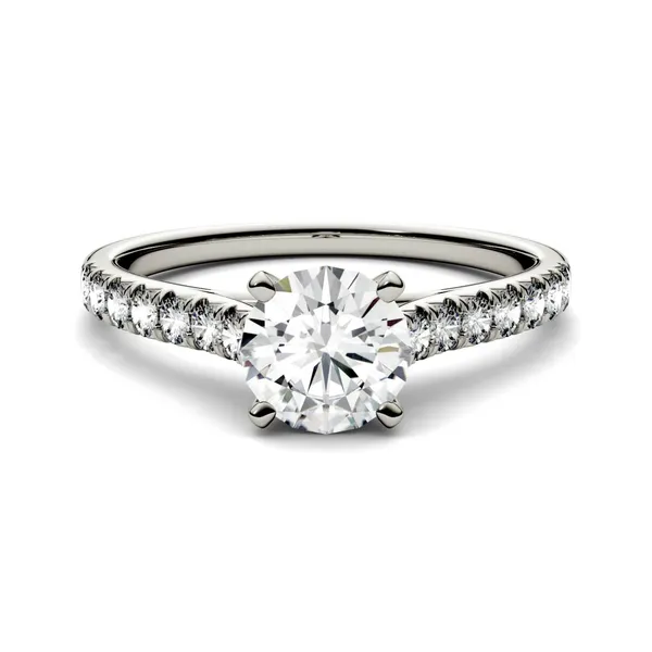 1.82 CTW DEW Round Forever One Moissanite Solitaire with Side Accents Engagement Ring in 14K White Gold