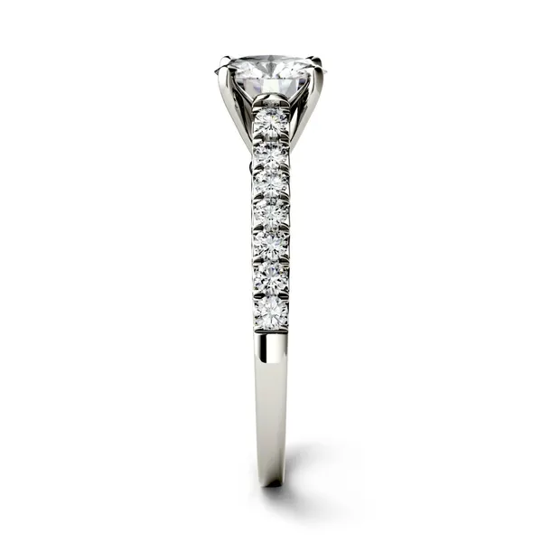 1.82 CTW DEW Round Forever One Moissanite Solitaire with Side Accents Engagement Ring in 14K White Gold
