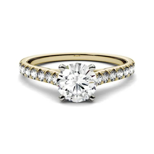 1.81 CTW DEW Round Forever One Moissanite Solitaire with Side Accents Engagement Ring in 14K Yellow Gold