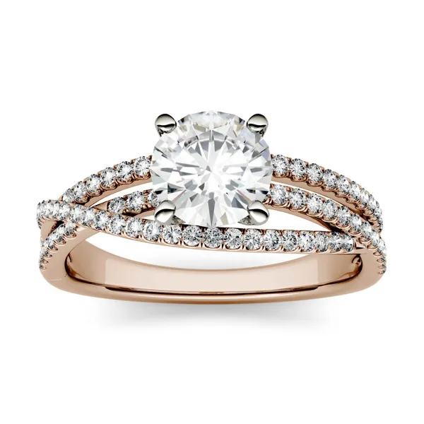 1.28 CTW DEW Round Forever One Moissanite Crossover Solitaire Engagement Ring in 14K Rose Gold