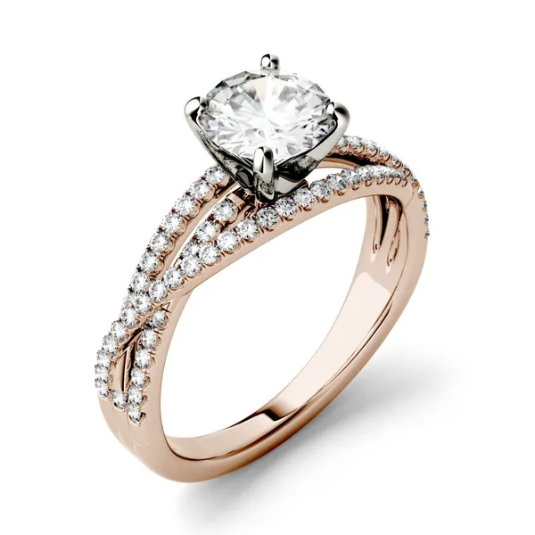 1.28 CTW DEW Round Forever One Moissanite Crossover Solitaire Engagement Ring in 14K Rose Gold