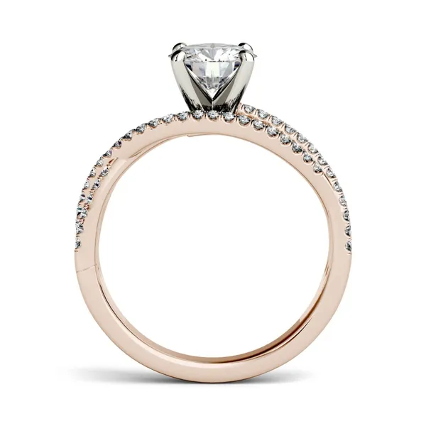 1.28 CTW DEW Round Forever One Moissanite Crossover Solitaire Engagement Ring in 14K Rose Gold