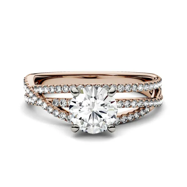 1.28 CTW DEW Round Forever One Moissanite Crossover Solitaire Engagement Ring in 14K Rose Gold