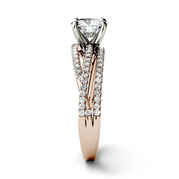 1.28 CTW DEW Round Forever One Moissanite Crossover Solitaire Engagement Ring in 14K Rose Gold