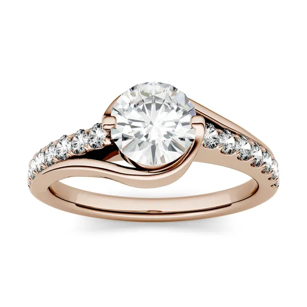 1.21 CTW DEW Round Forever One Moissanite Swirl Solitaire with Side Accents Engagement Ring in 14K Rose Gold